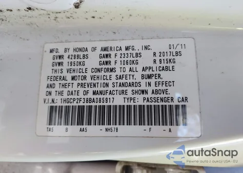 2011 Honda Accord 2.4 Lx из США, поврежденный, VIN 1HGCP2F38BA085917